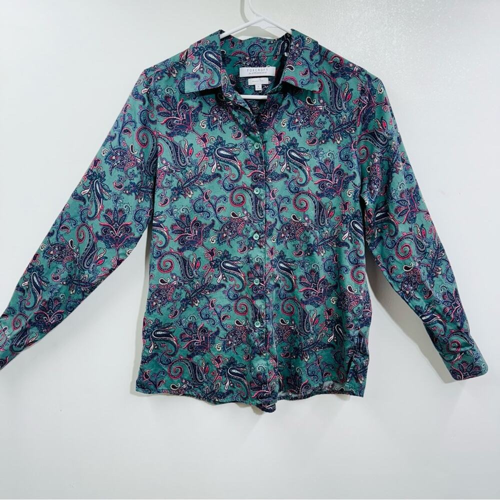 Foxcroft For Appleseeds Womens Blouse Blue‎ Paisley Button Front Long Sleeve Sz6